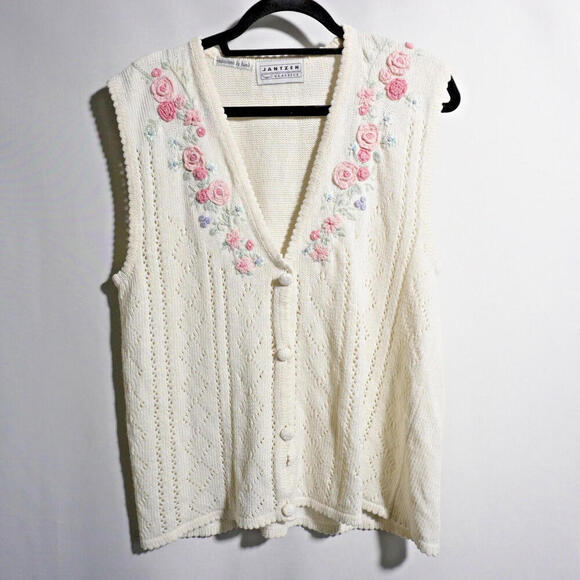 VTG Jantzen Hand Embroidered Cream Floral Vest Cottage Core Retro Knit Gma XL - Picture 1 of 4